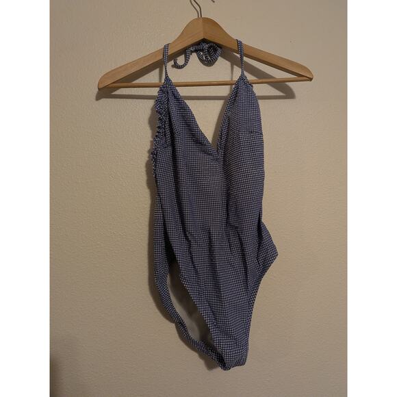 j crew gingham one piece swimsuit size 4 blue ruffle - Picture 3 of 9